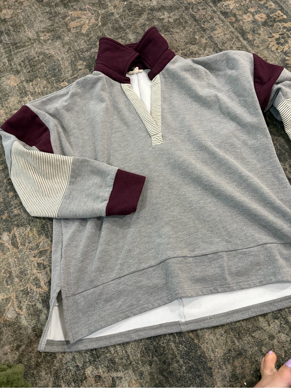 Hem & Thread Gray Pullover Sweatshirt with Maroon Accents